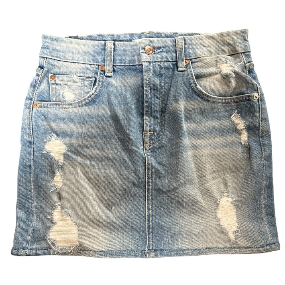 7 For all Mankind Denim Skirt, Distressed, light wash 5 pocket styling, size 26 - Picture 2 of 7